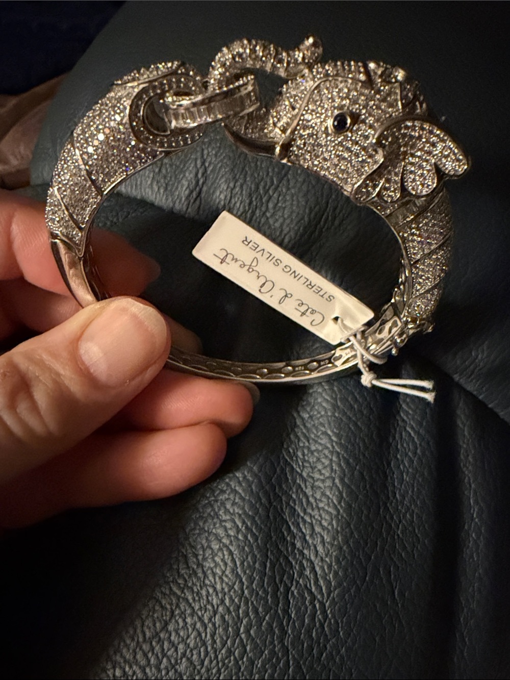 Sterling Silver Pave Elephant Bangle Bracelet - Silver
